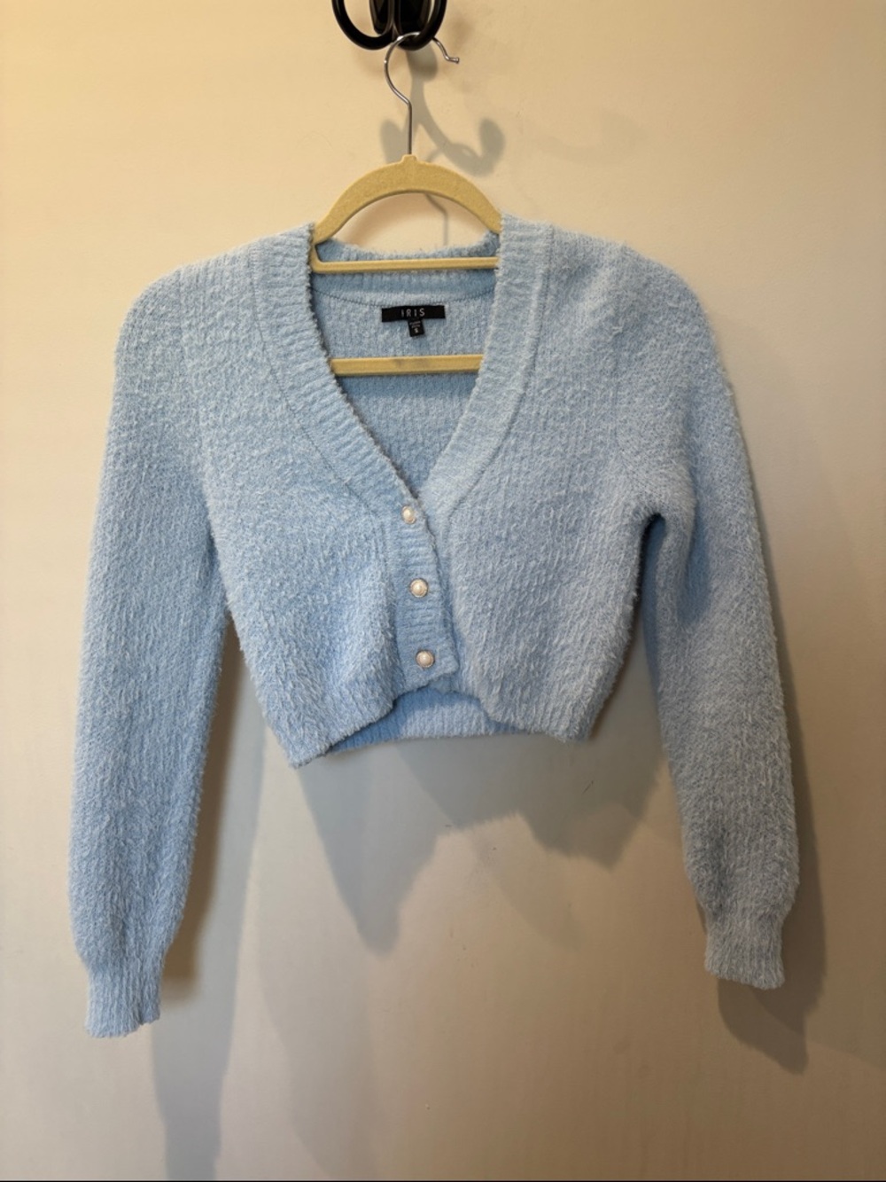 iris Light Blue Pearl-Button Cropped Cardigan